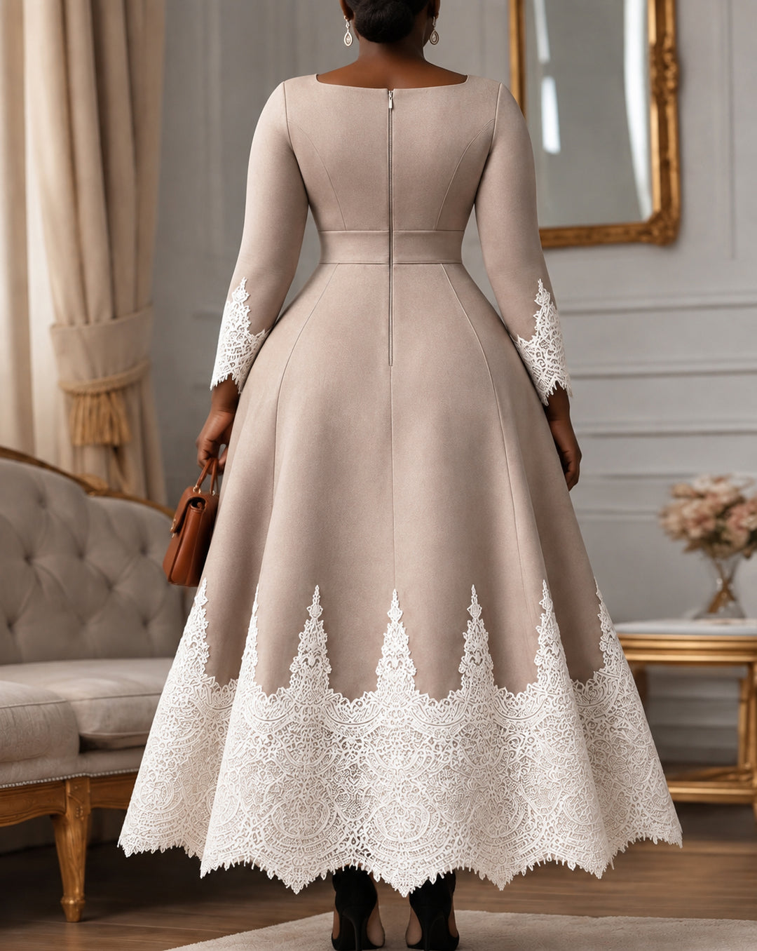 Sophisticated Plus Size Lace Trim Midi Dress