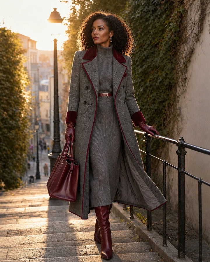 Women's Herringbone Wool Blend Lapel & Cuff Double Breasted Long Overcoat