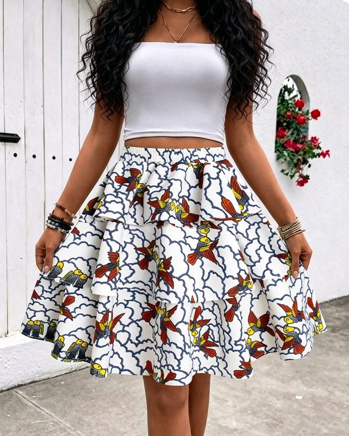 Fun Bird Stripes Ruffle Trim Skirt