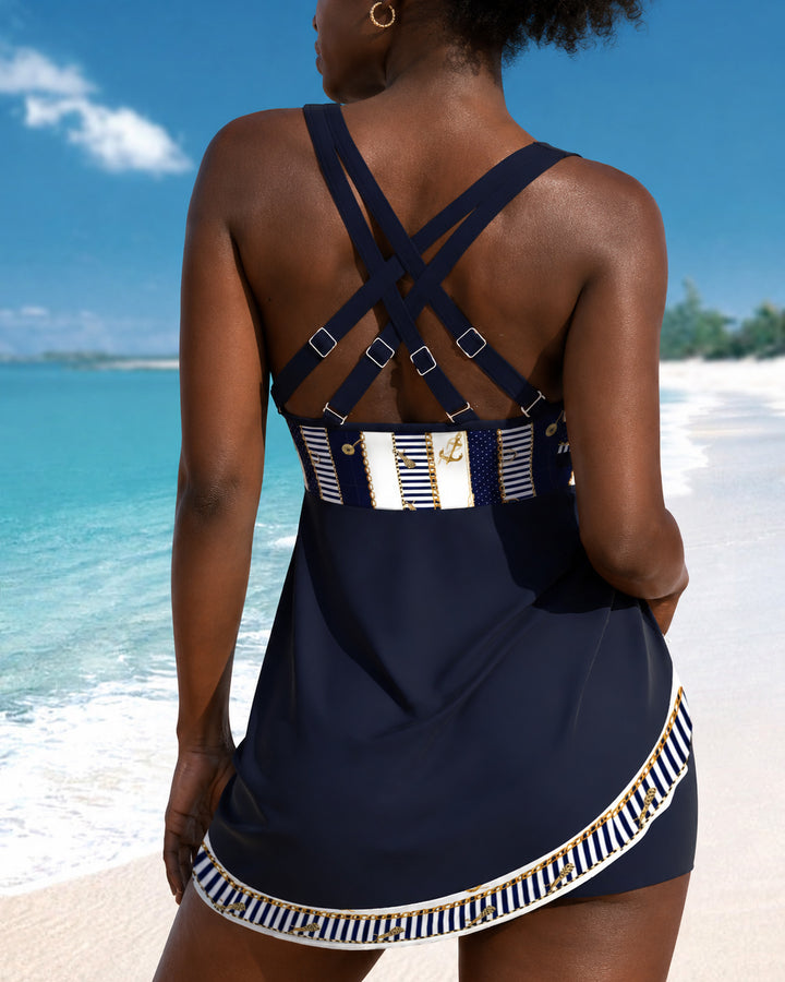 Navy Ship Sight Stamp High Waist Two Piece Swim Set