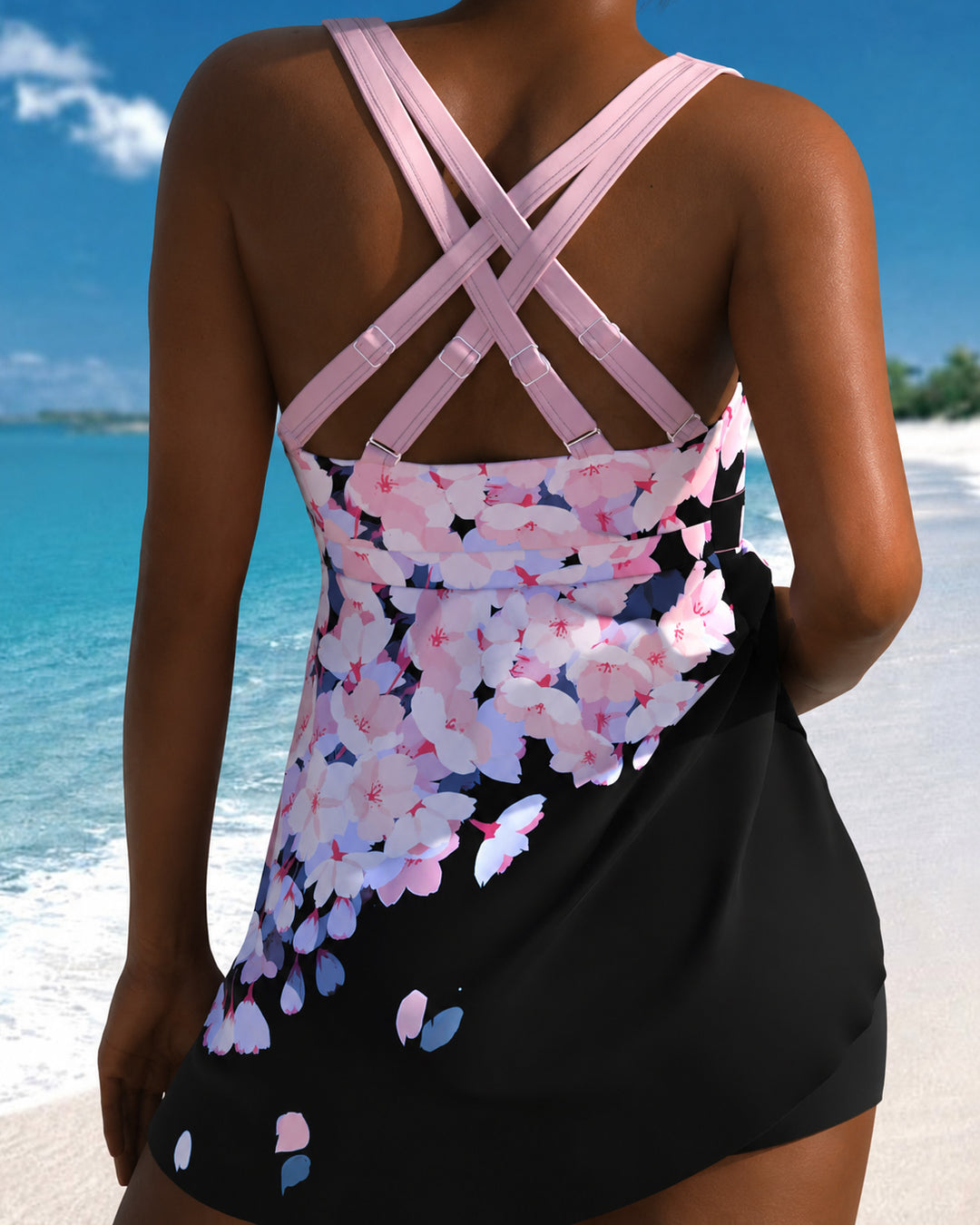 Drawstring Floral Print Pink Tankini Set