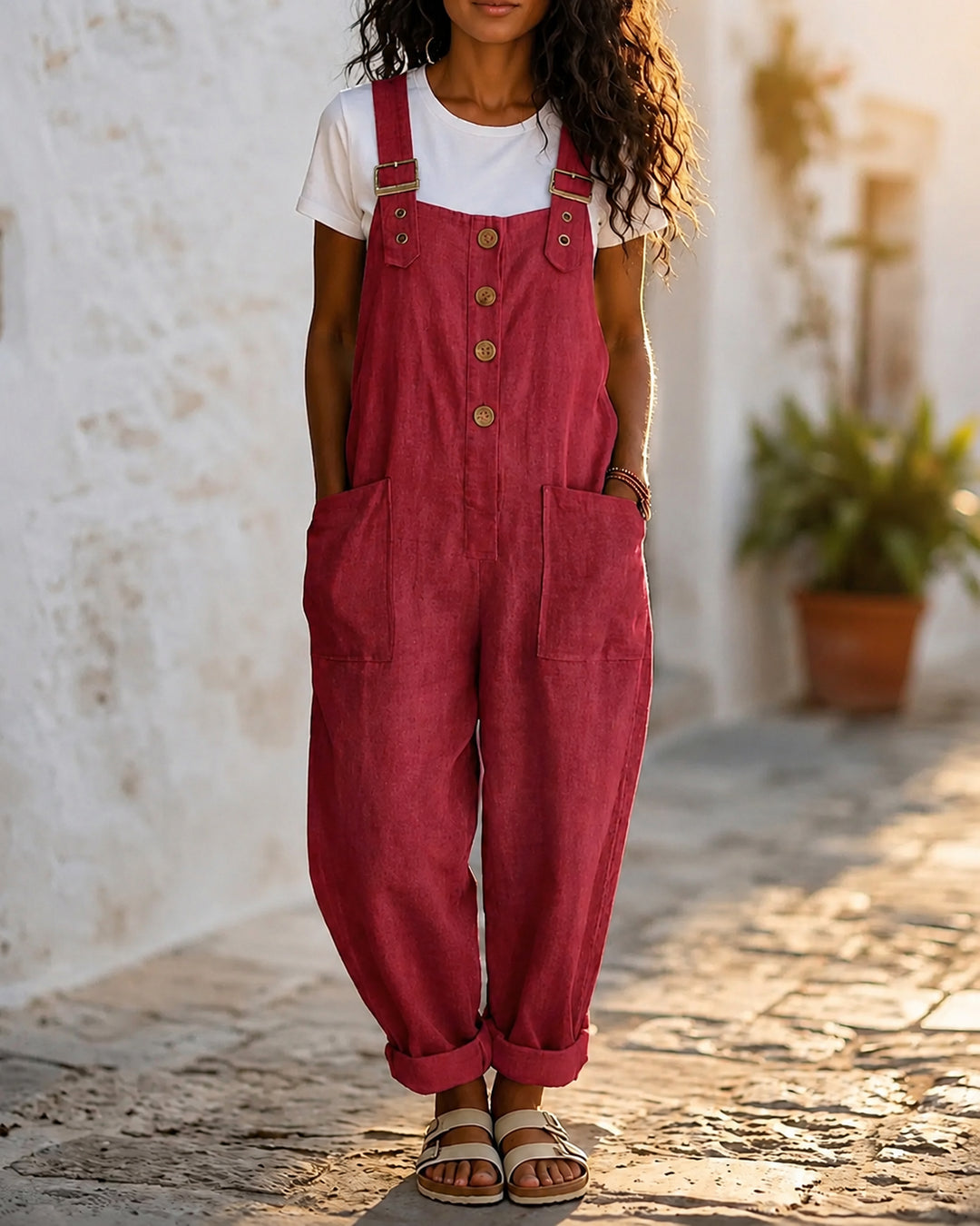 Solid Color Retro Cotton and Linen Pocket Loose Button-Front Overalls