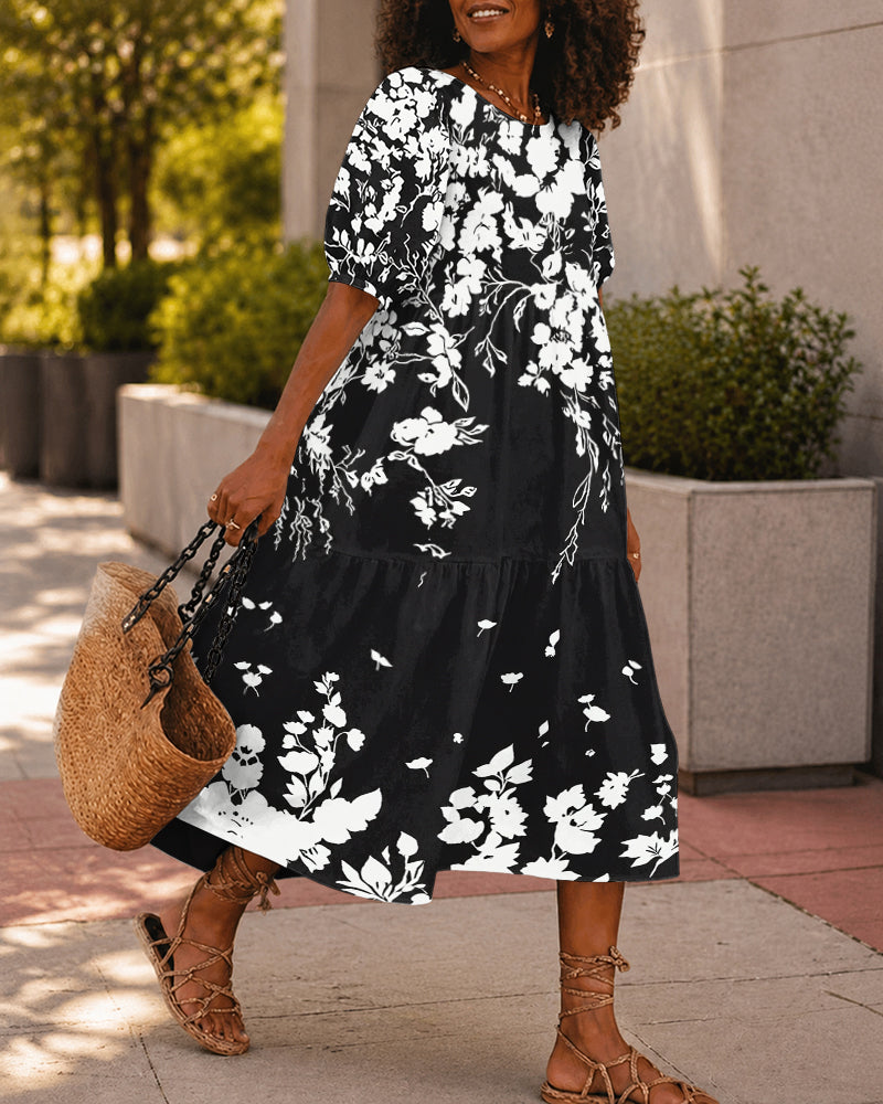 Tropical Flower Printed Round Neck Puff Sleeve Loose Spliced Midi Dress