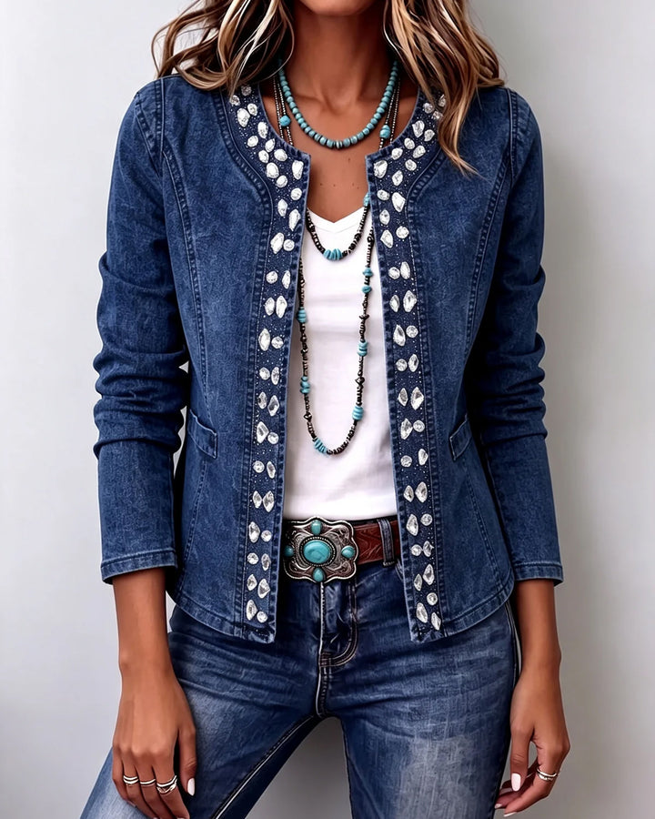 Elegant Rhinestone Trim Stretch Denim Jacket