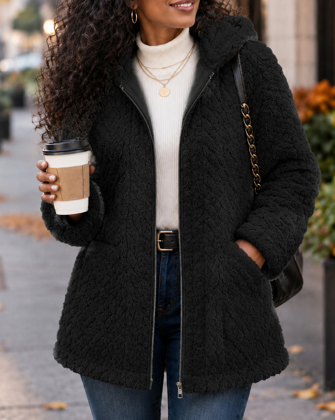 Women's Hooded Sherpa Fleece Full Zip Cable Textured Jacket