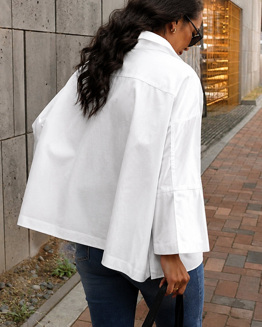 Solid Color Long Sleeve Oversized Collared Blouse