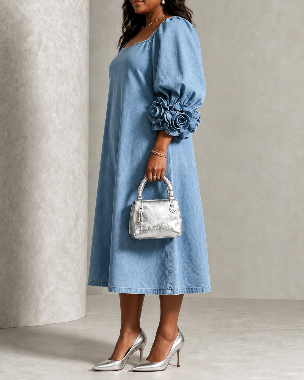 Chic Chambray Square Collar Denim 3D Rosette Sleeve Midi Dress