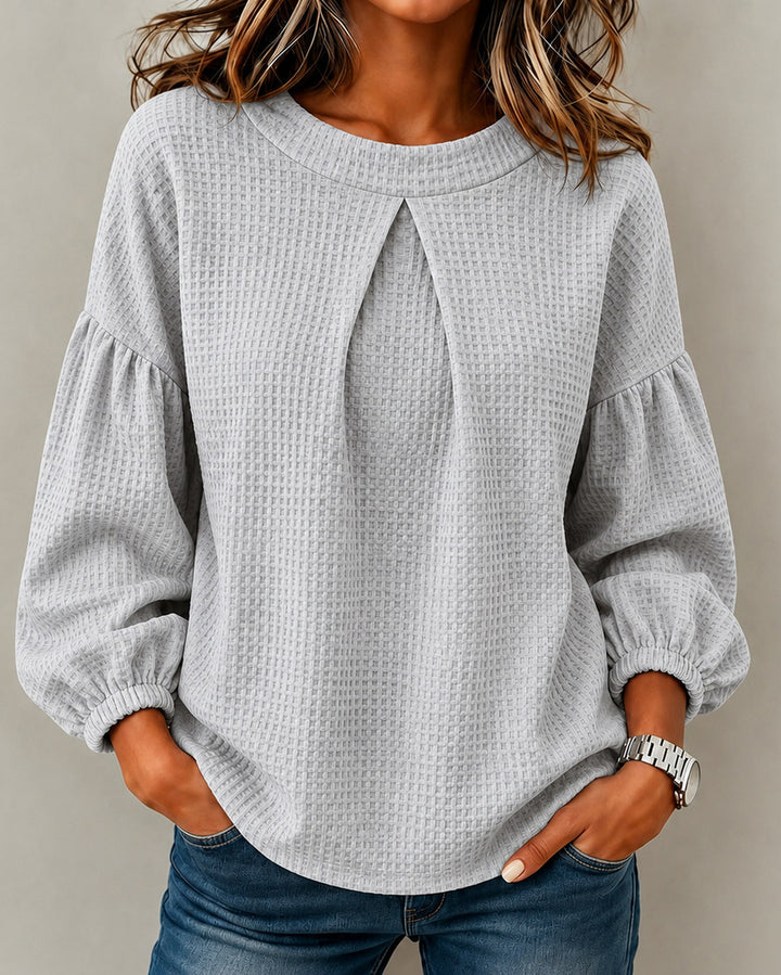 Lantern Sleeve Waffle Knit Round Neck Solid Color Long-sleeved Top