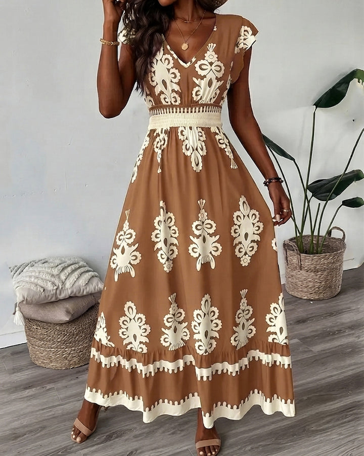 Women's Elegant Short Sleeve V-Neck High Waist Elastic Waistband  Boho Pattern Print Maxi Dress