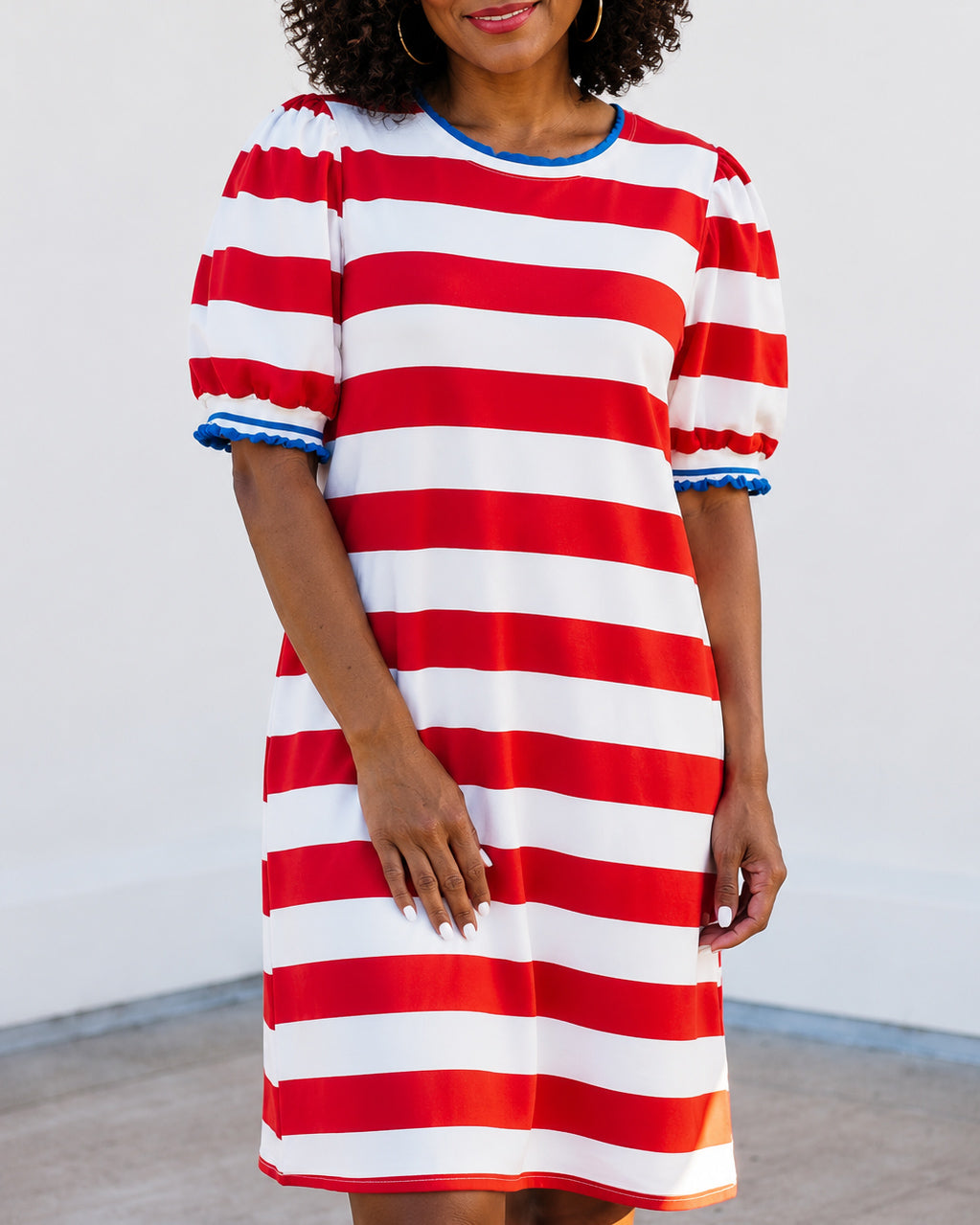 Round Neck Puff Sleeve Minimal Striped Casual Dress