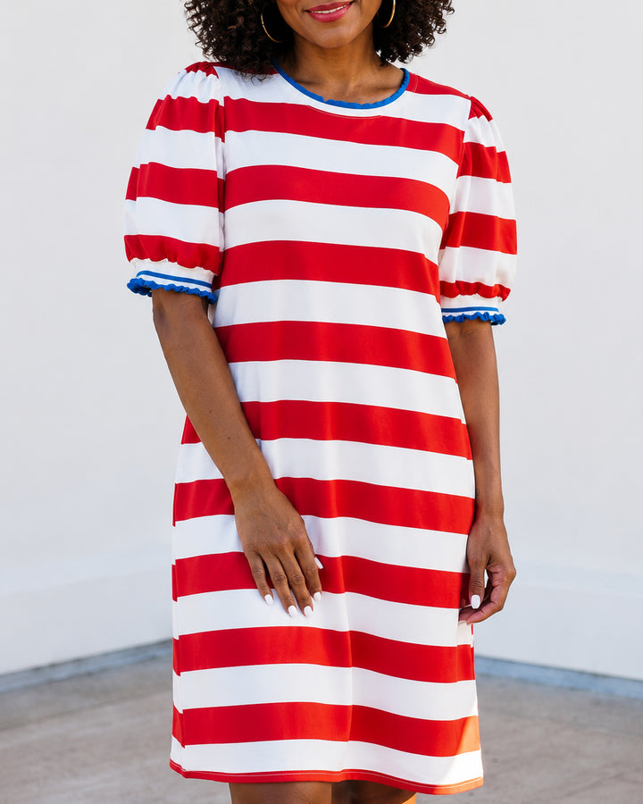 Round Neck Puff Sleeve Minimal Striped Casual Dress