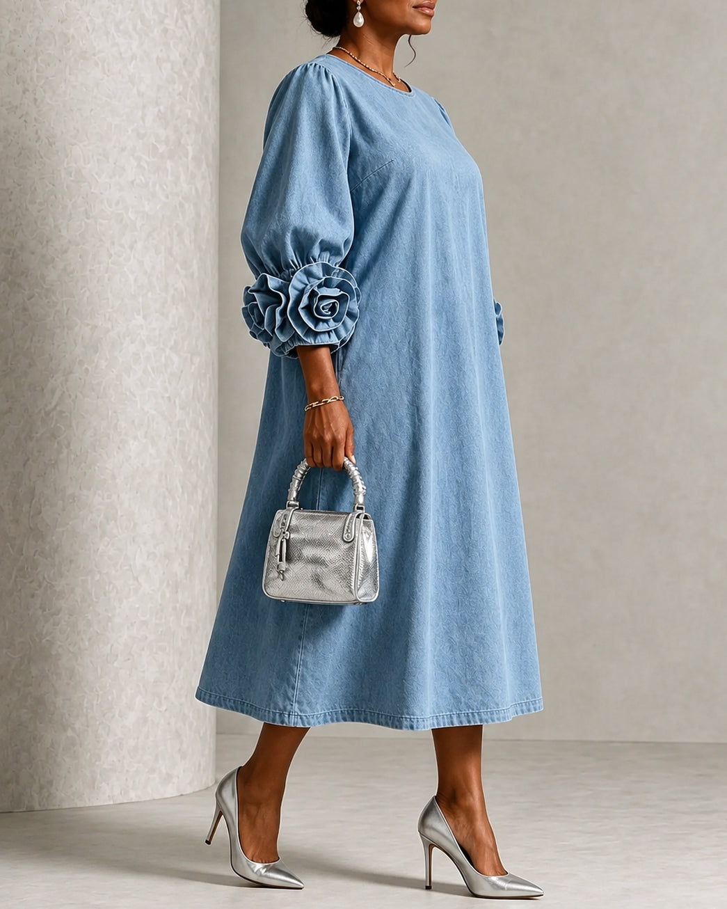 Chic Chambray Crew Neck Denim 3D Rosette Sleeve Midi Dress
