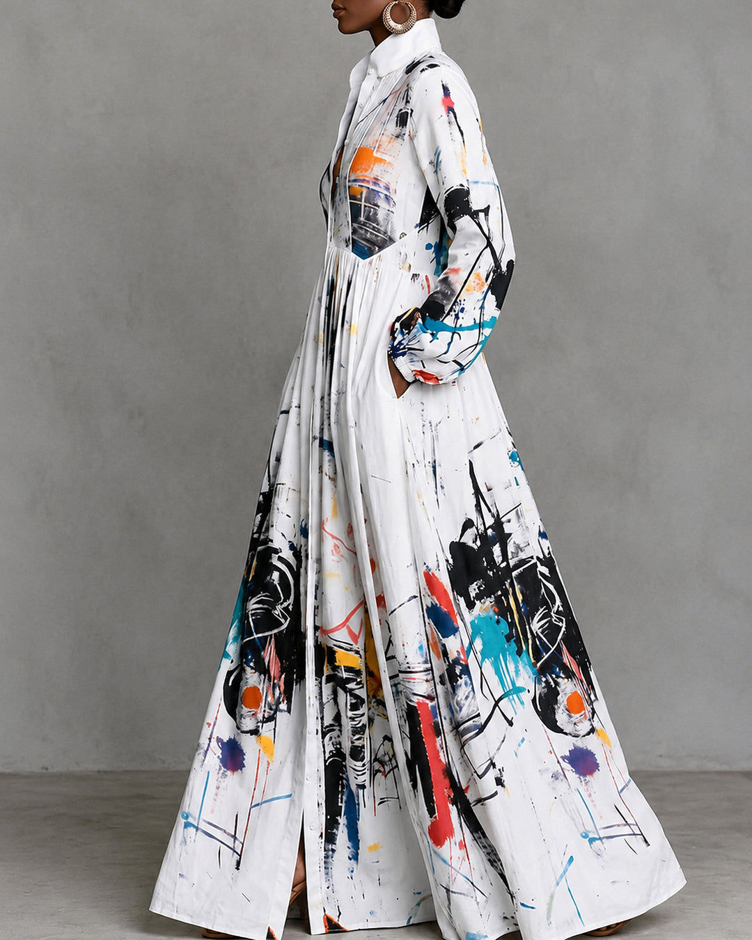 Abstract Graffiti Art Long Sleeves Buttoned Pleated Pockets Maxi Dresses Shirt Dress