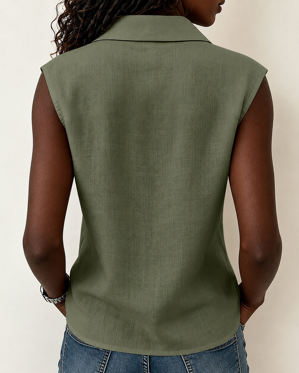 Simple Doll Collar Button Down Sleeveless Cotton Linen Shirt