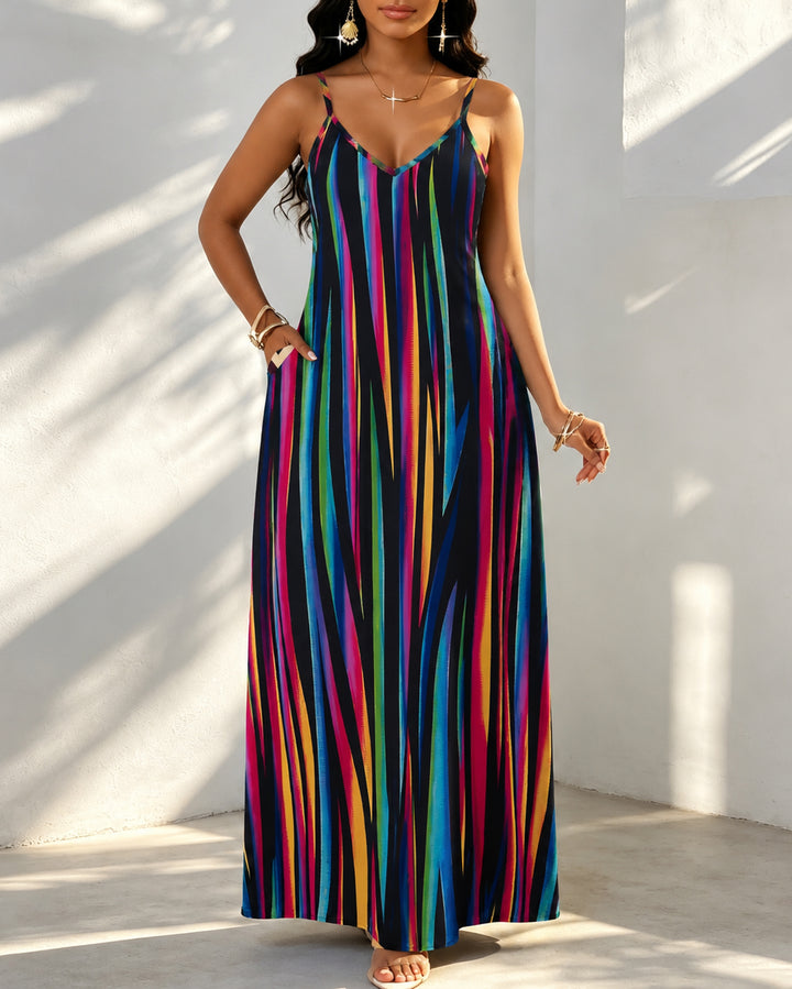 Color Gradient Stripes Print Pocket Maxi Dress