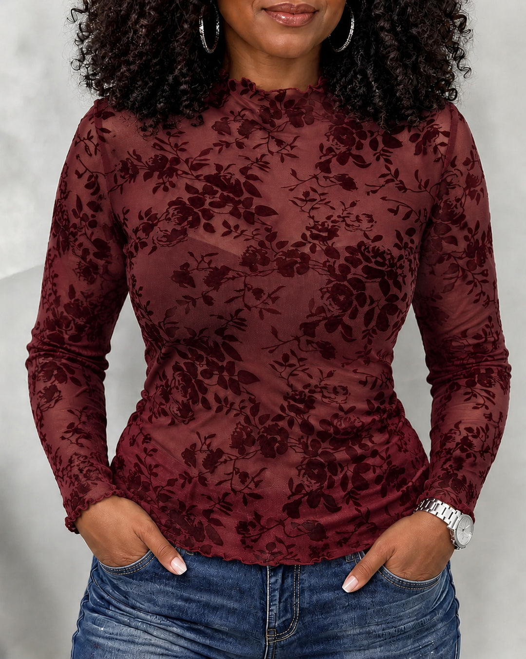 Women Floral Flocked Mesh Sheer Ruffle Top