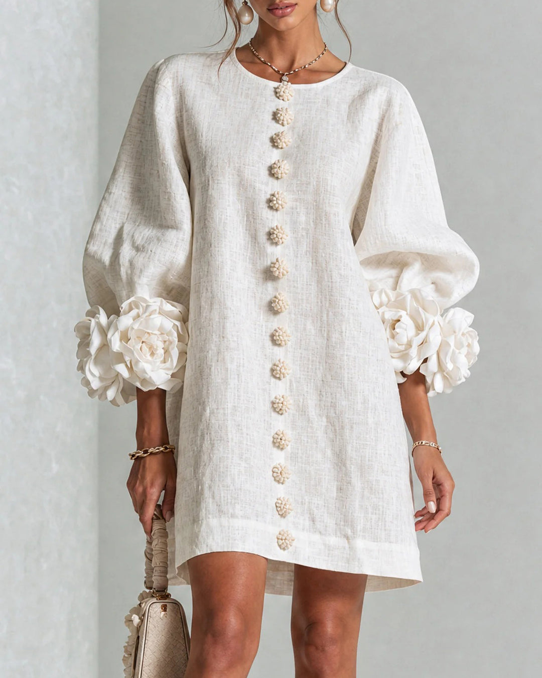 Linen Blend Flowers Button Down Floral Cuffs Half Sleeve Mini Dress
