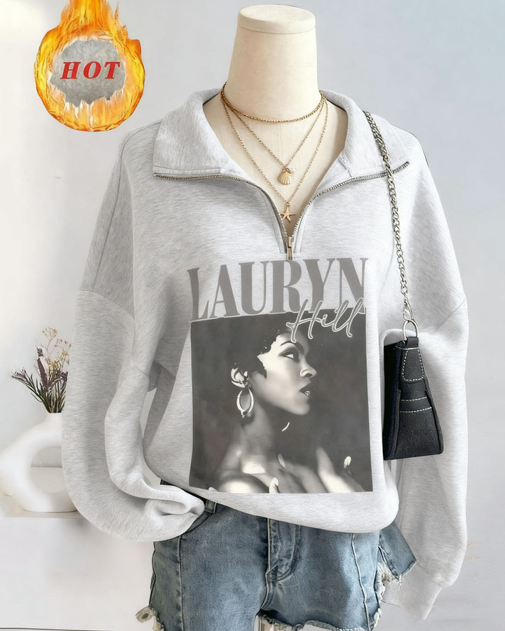 Lauren Hill Print  Loose Split Zip-Up Long Sleeve Sweatshirt