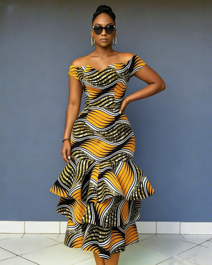 African Fashion Ankara Striped Print Fishtail Dress
