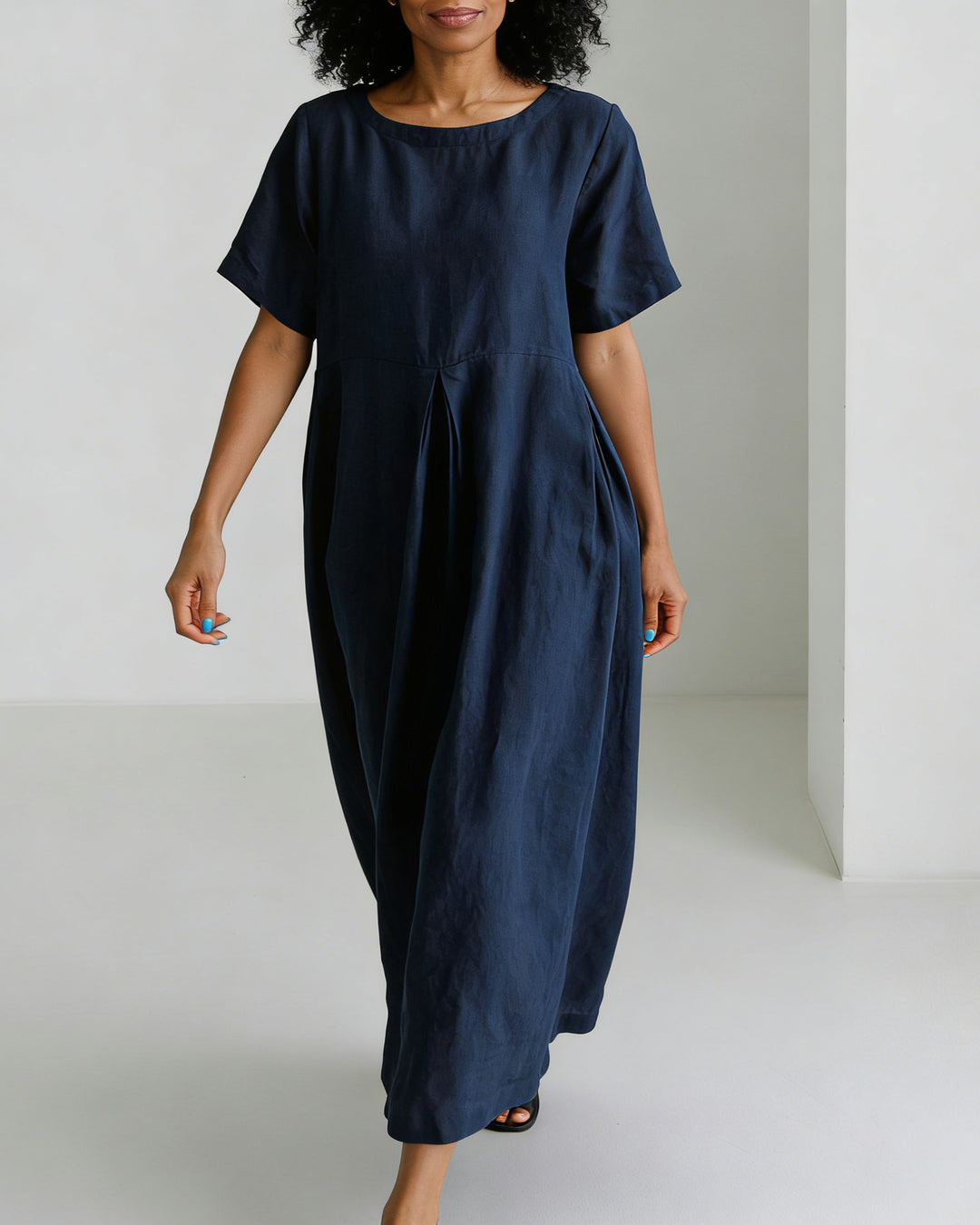 Round Neck Loose Cotton and Linen Casual Long Dress