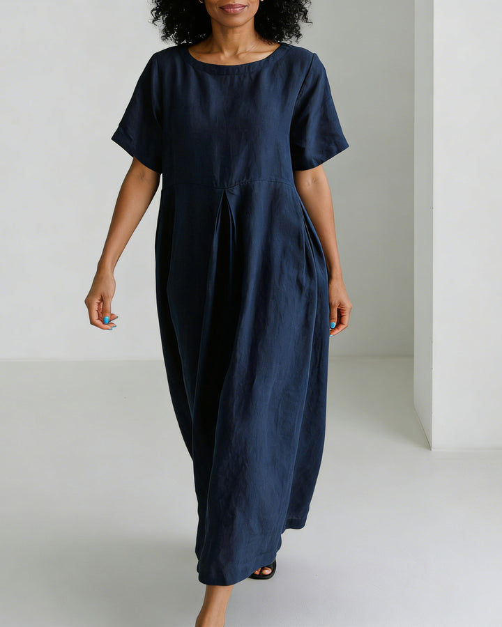 Round Neck Loose Cotton and Linen Casual Long Dress