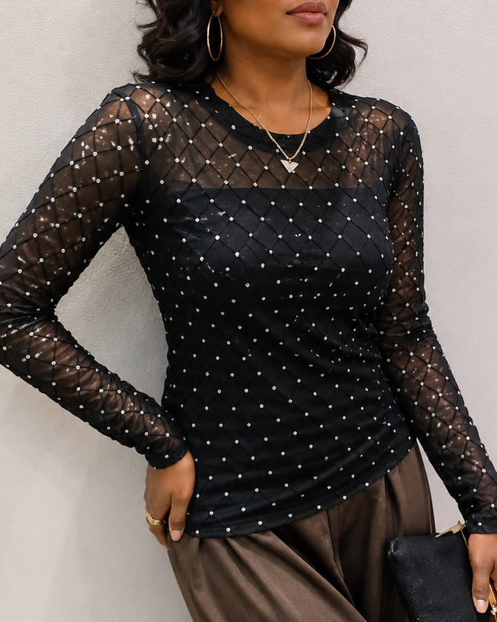 Sexy Mesh Beaded Rhinestone Long-Sleeve T-Shirt