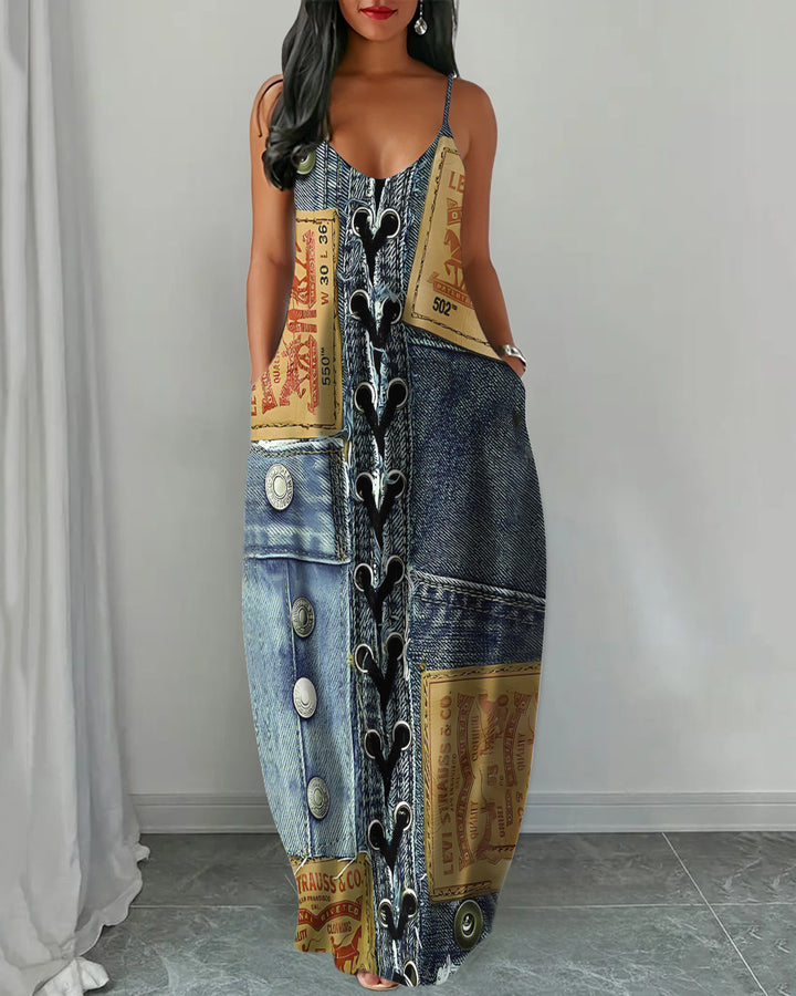 Sling Funny Denim Patches Pocket Maxi Dress