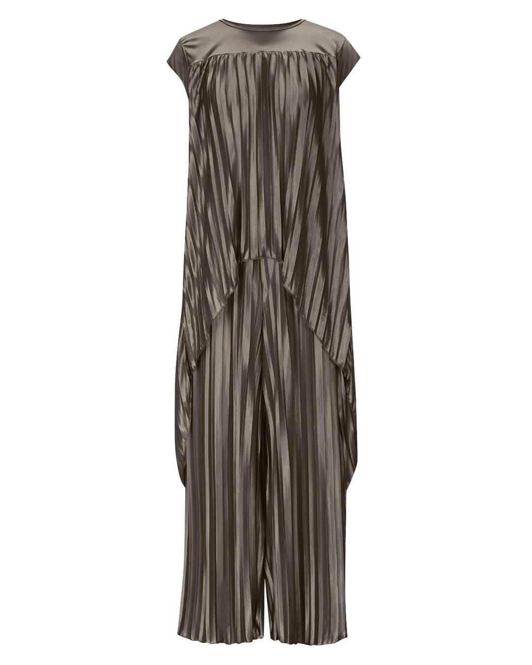 Solid Color Pleated Round Neck Top & Straight-leg Pants Two-piece Set