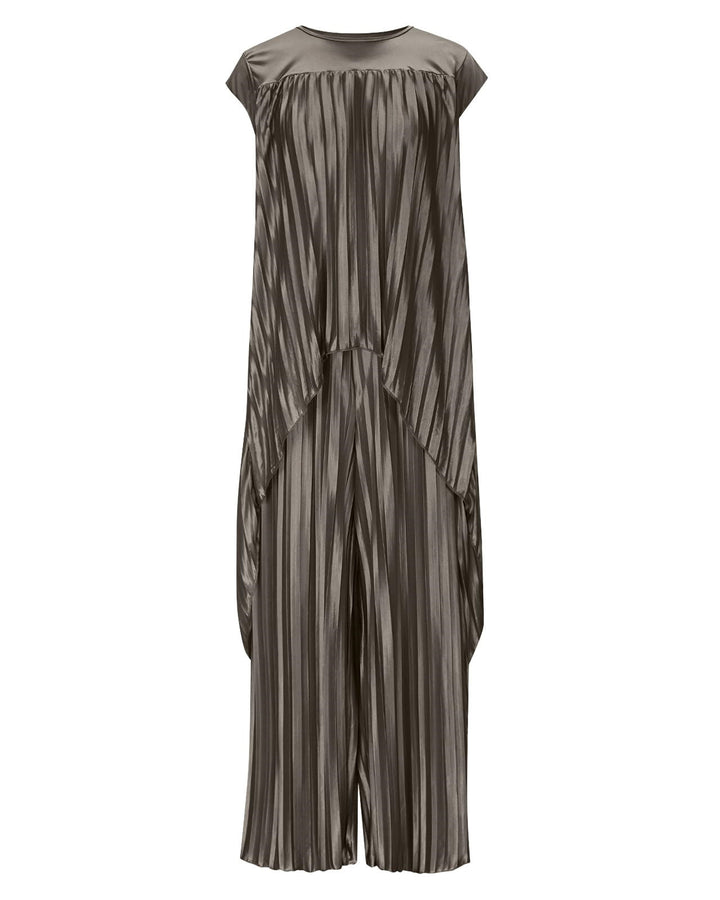 Solid Color Pleated Round Neck Top & Straight-leg Pants Two-piece Set