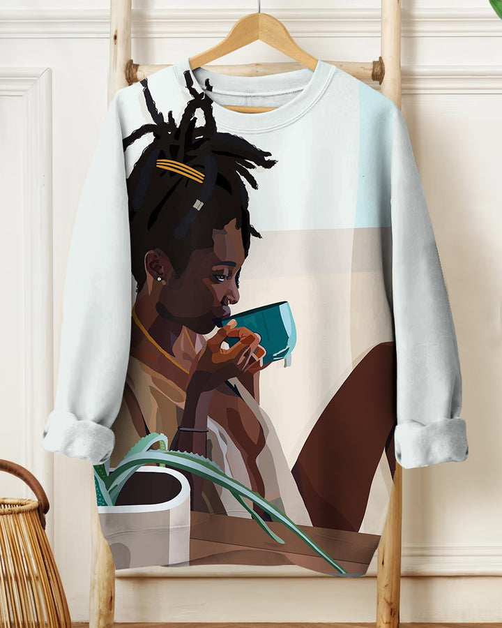 Curly Hair Coffee Girl Crewneck Sweatshirt