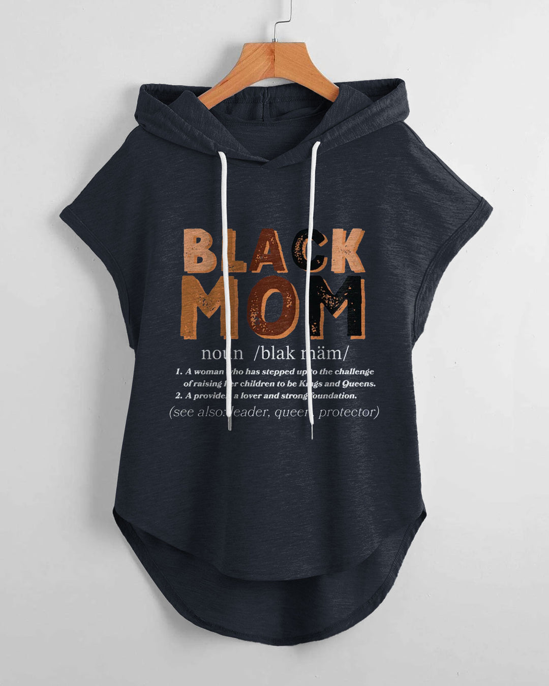 Black Mom Hem Drawstring Hooded Tee