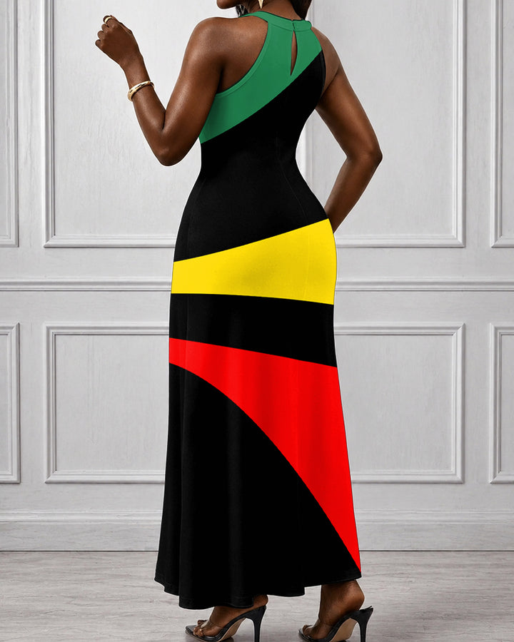 Reggae Stripes Hollow-out Halter Neckline Bodycon Maxi Dress