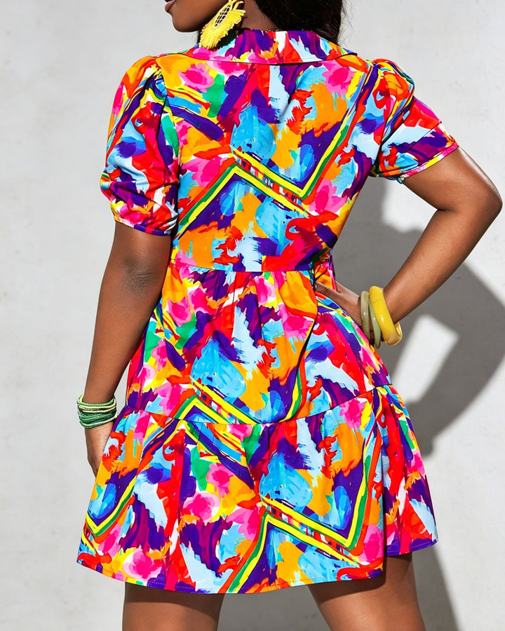 Colorful Graffiti Oil Painting Ruffle Lantern Sleeve Loose Dress