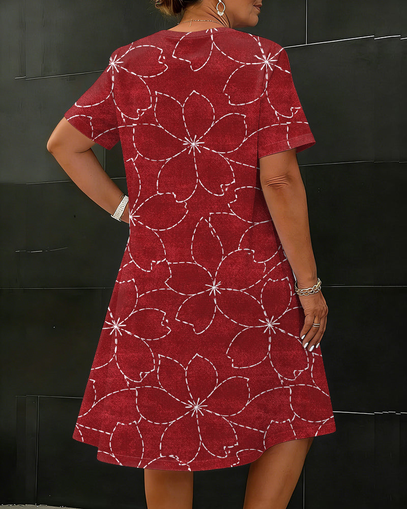 Elegant White Striped Cherry Blossoms Loose Plain Shirt Dress