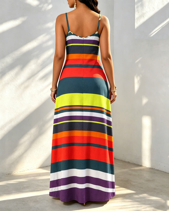 Irregular Abstract Color-blocked Stripes Print Pocket Maxi Dress