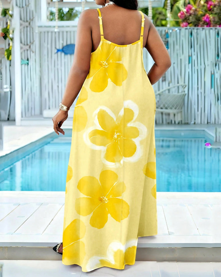 Sling Large Yellow Flowers In Summer Print Pocket Maxi Dress