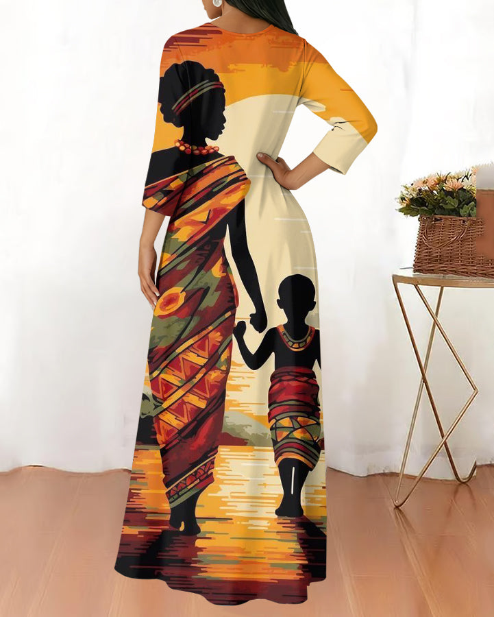 Round Neck Retro Black Art Prints Long Sleeves Maxi Dress