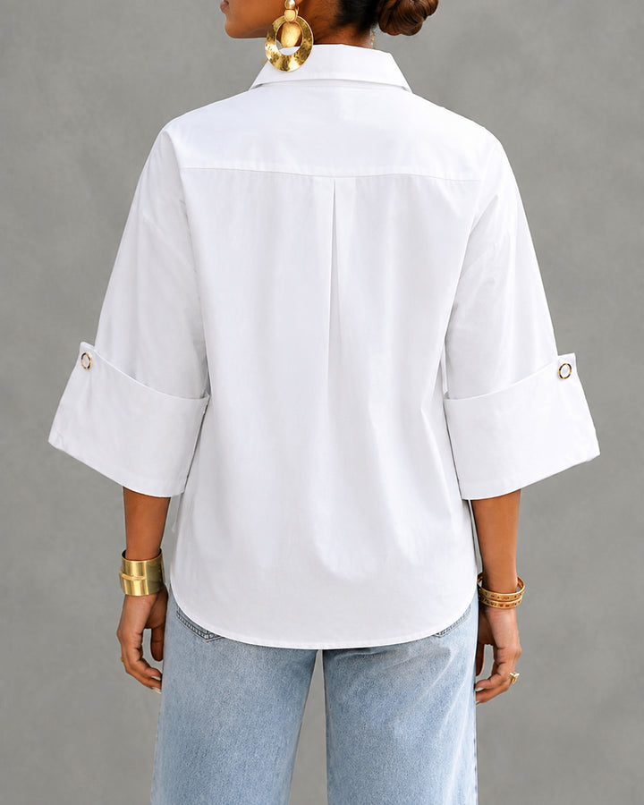 Tie and Accessory Combination Printed Turn-up Sleeves Drop Shoulder Loose Shirt