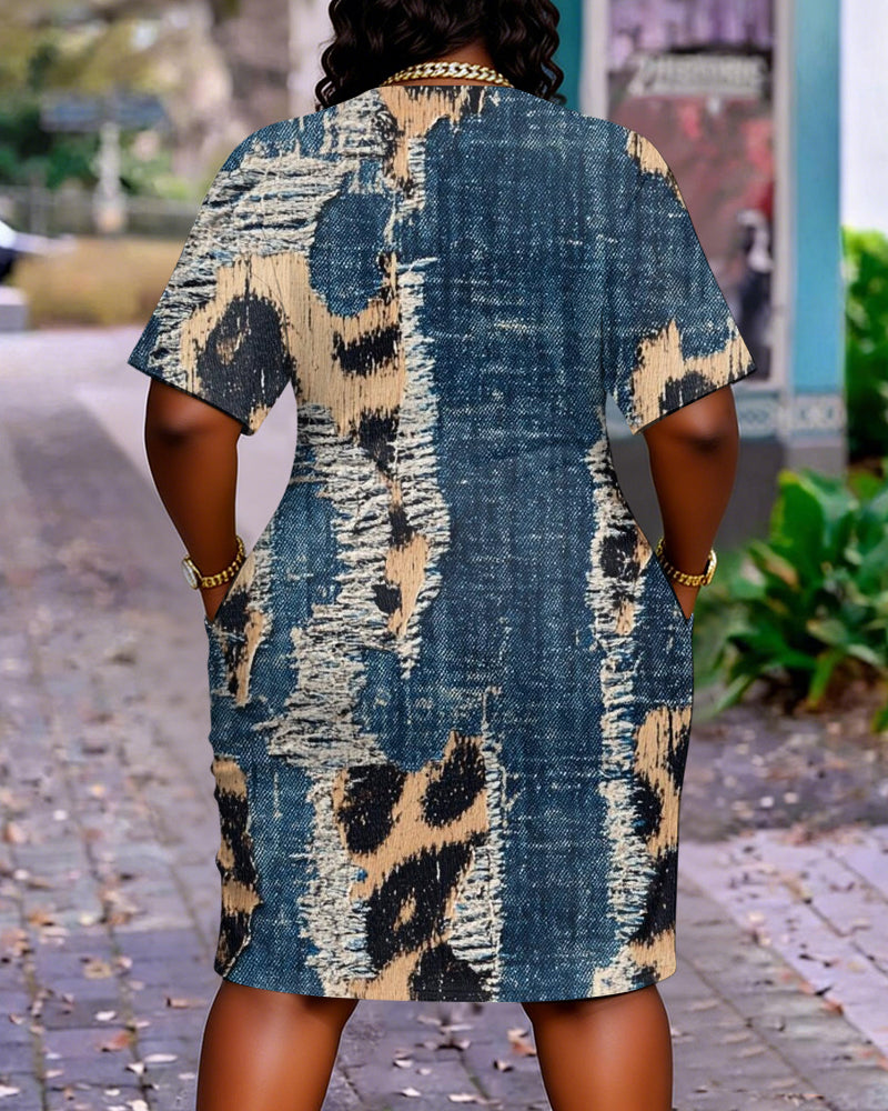 Leopard Patchwork Ripped Denim Print Pocket Casual Dress