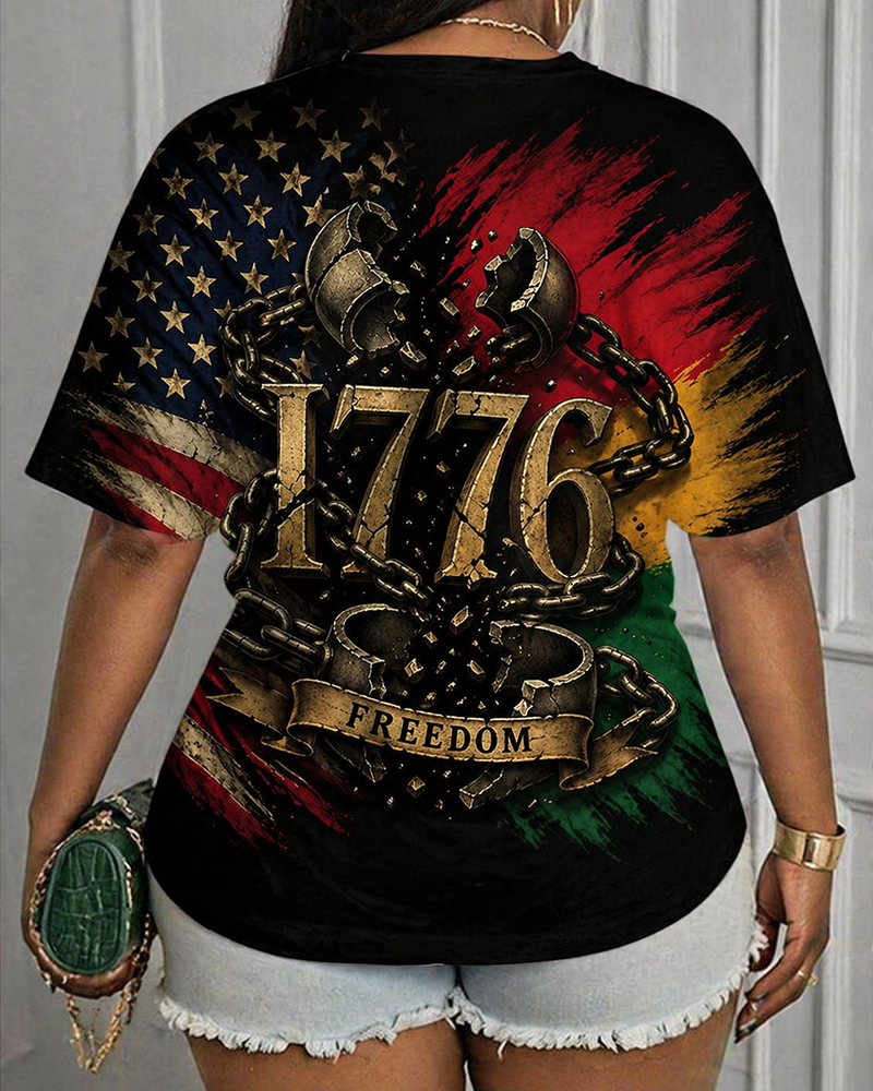 1776 Freedom Stripped Shackles American Flag Reggae-Style Print Crew-Neck Short-Sleeve T-Shirt