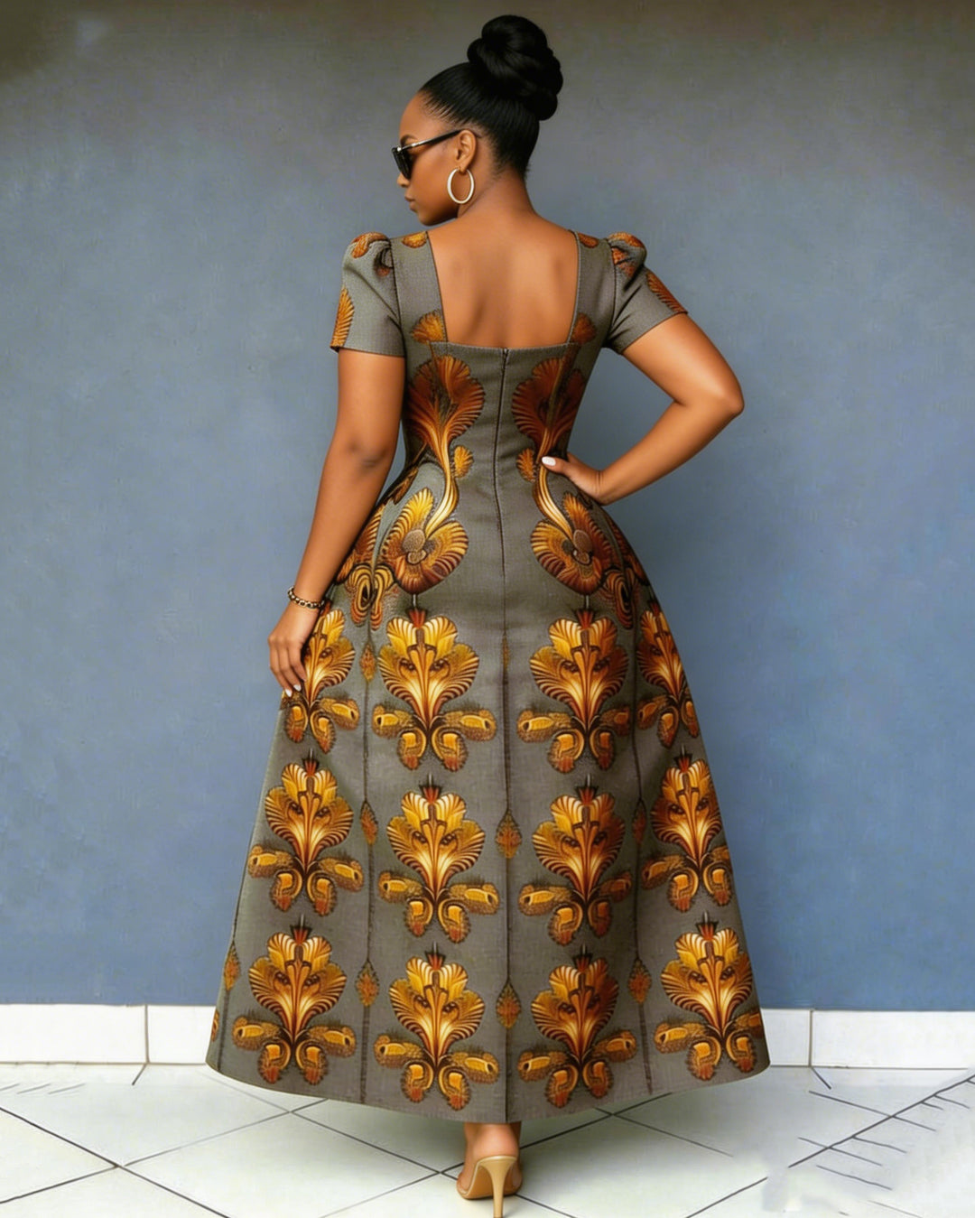 Square Neck Short-sleeved Button-down Ankara Dres