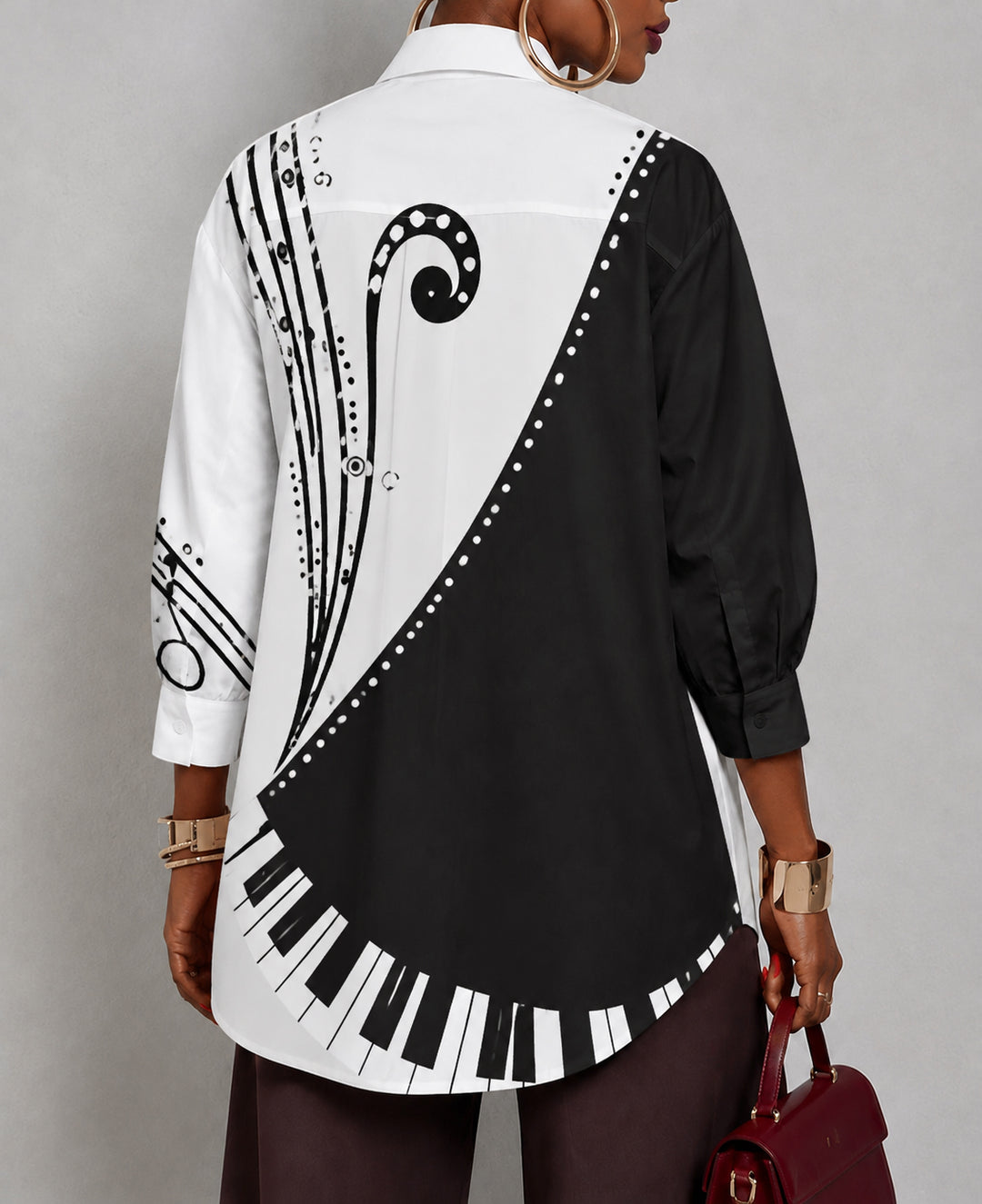 Loose Three-Quarter Sleeves Buttoned Piano Musical Symbols Printed Lapel Blouses&Shirts Tops