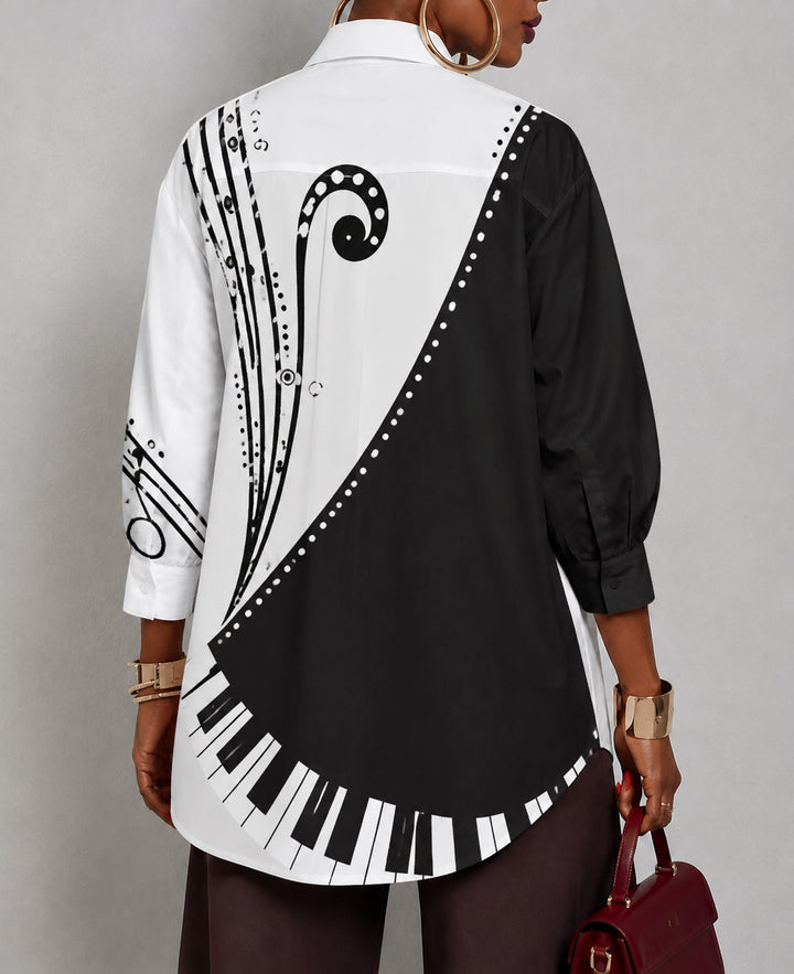 Loose Three-Quarter Sleeves Buttoned Piano Musical Symbols Printed Lapel Blouses&Shirts Tops