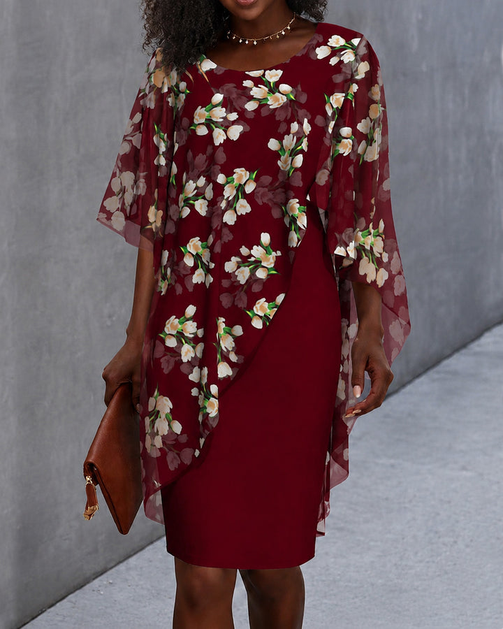 Floral Print Chiffon 2-Piece Set Crew Neck Mini Dress