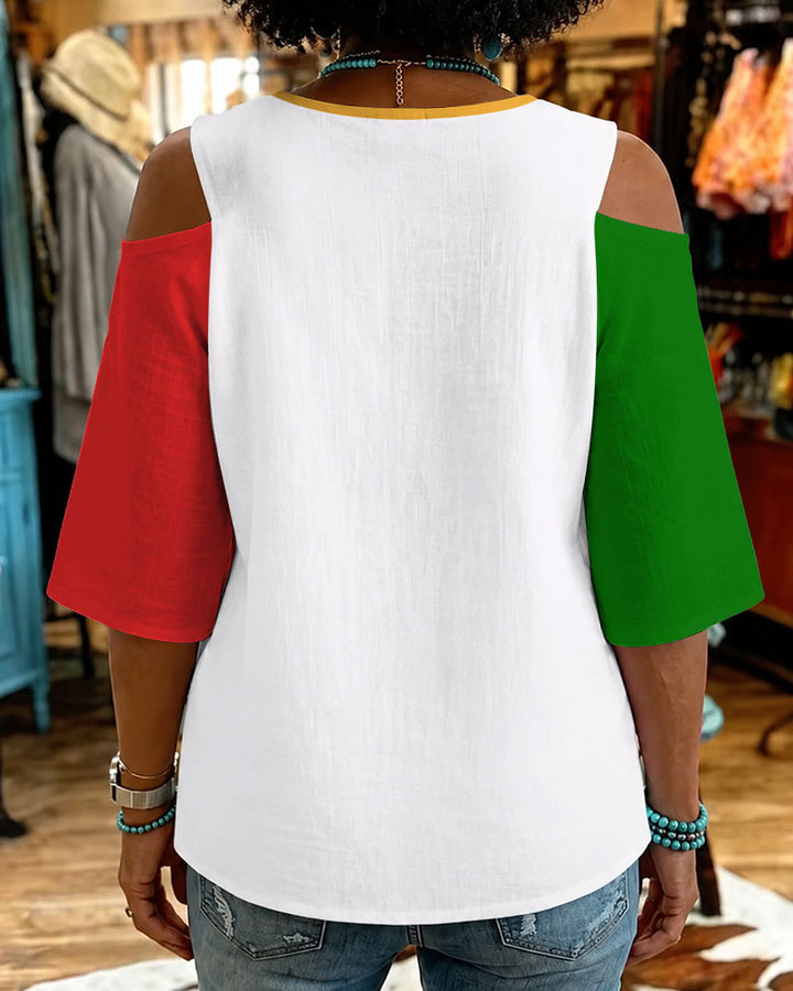 1865 Color Blocking Off-shoulder Patchwork Casual Shirt