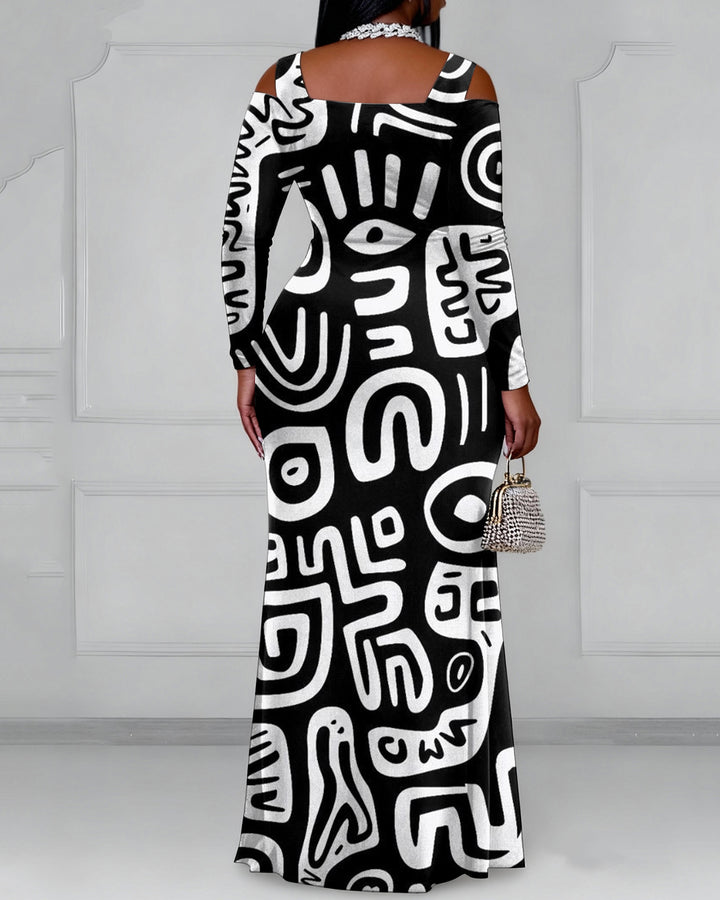 Cutout Off-shoulder V-neck African National Culture Long Sleeve Bodycon Party Dress