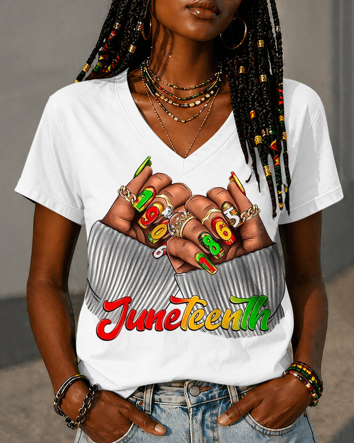 100% Cotton Juneteenth Fun Nail Art Finger Prints V Neck Short Sleeve Tshirt