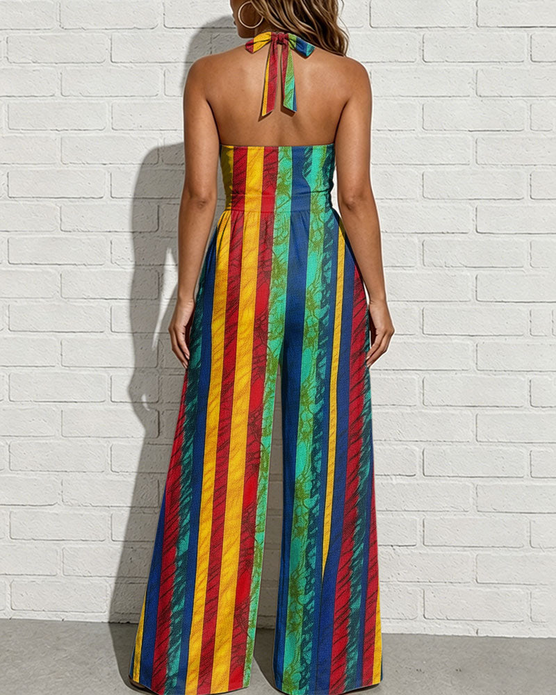 Tie-dye Color-blocked Vertical Stripes Halter Wide-Leg Jumpsuit