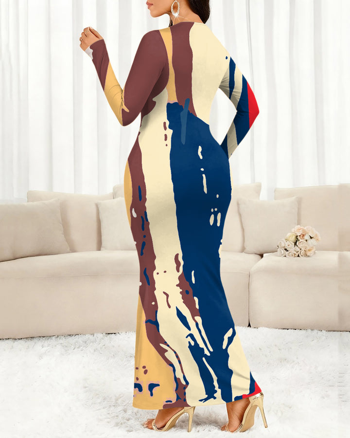 Ink Stripe Print Round Neck Long Sleeve Bodycon Dress