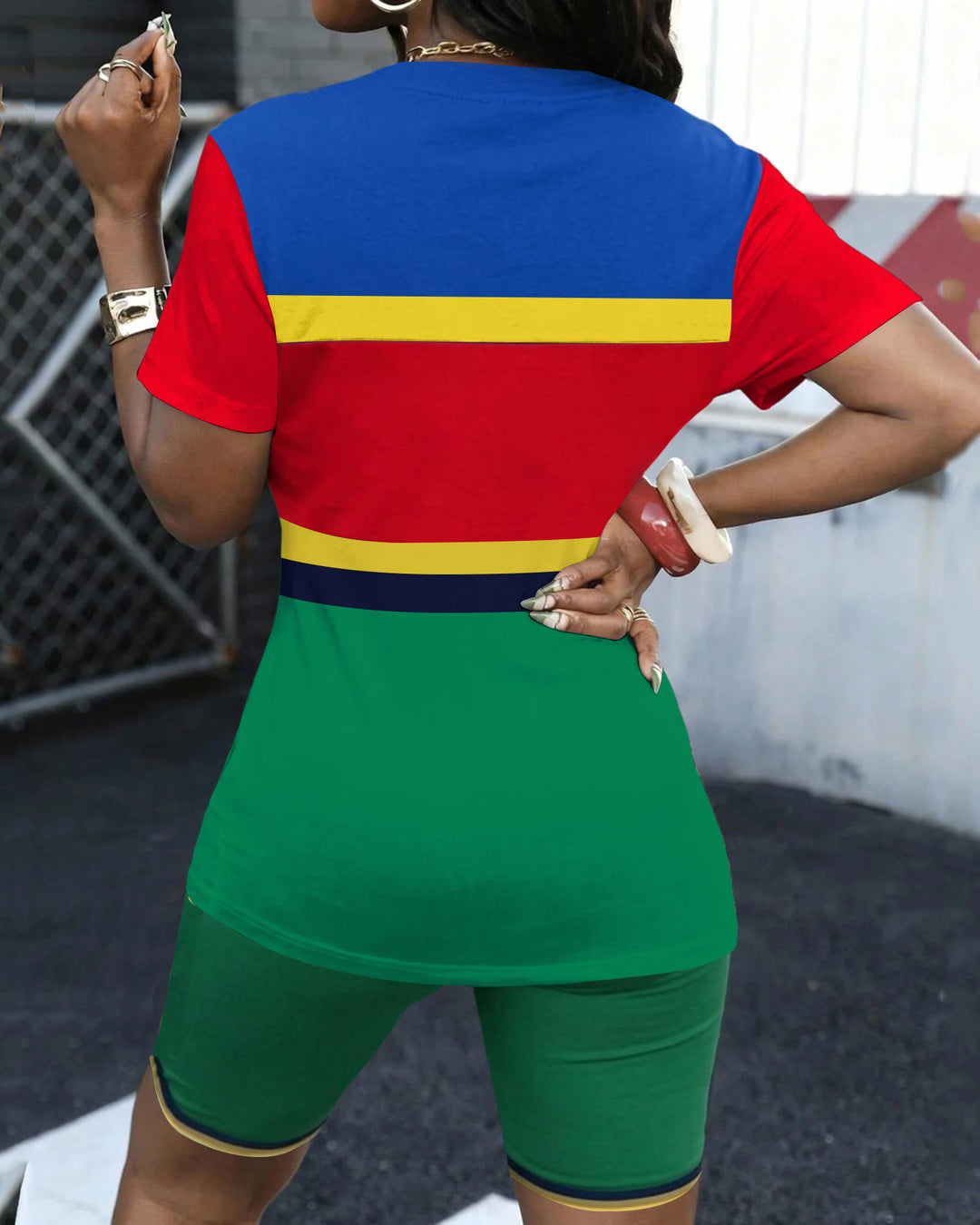 Colorful Stripes Print Round Neck Short Sleeve & Shorts Set